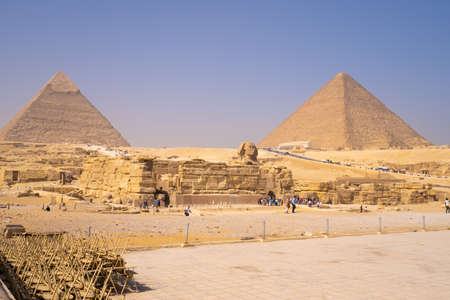 Stage near Great Sphinx of Giza, with the Great Pyramid in the background. Cairo, autumn 2018のeditorial素材