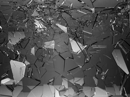 Pieces of glass broken or cracked on black, 3d illustration; 3d renderingの写真素材