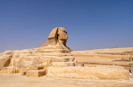 Great Sphinx of Giza, with the Great Pyramid in the backgroundの写真素材