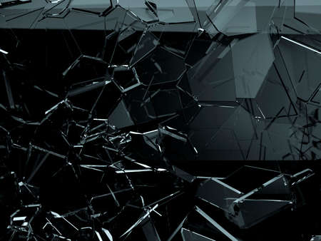 Pieces of glass broken or cracked on black, 3d illustration; 3d renderingの写真素材