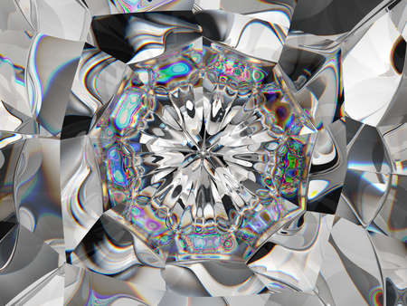 Abstract diamond structure extreme closeup and kaleidoscope. top view of round gemstone 3d render, 3d illustrationの写真素材