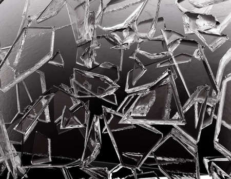 Pieces of glass broken or cracked on grey, 3d illustration; 3d renderingの写真素材