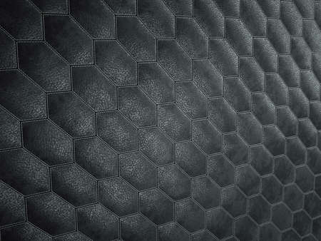 Leather stitched hexagon or honecomb black shiny texture or background with bumps. 3d render, 3d illustrationの写真素材
