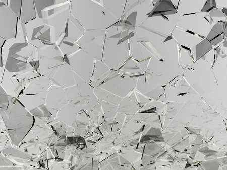 Pieces of glass broken or cracked on white, 3d illustration; 3d renderingの写真素材