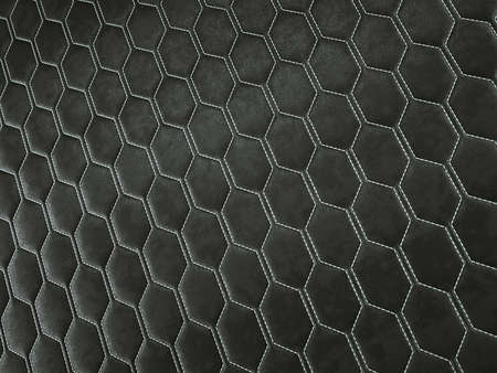 Leather stitched hexagon or honecomb black shiny texture or background with bumps. 3d render, 3d illustrationの写真素材
