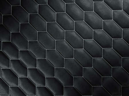 Leather stitched hexagon or honecomb black shiny texture or background with bumps. 3d render, 3d illustrationの写真素材