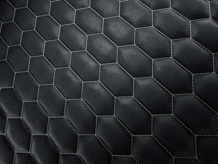 Leather stitched hexagon or honecomb black shiny texture or background with bumps. 3d render, 3d illustrationの写真素材
