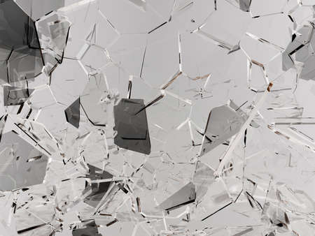 Pieces of glass broken or cracked on white, 3d illustration; 3d renderingの写真素材