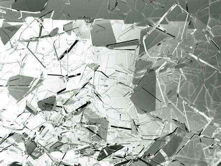 Pieces of glass broken or cracked on white, 3d illustration; 3d renderingの写真素材