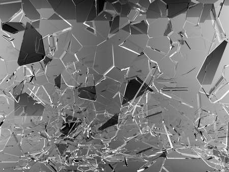 Pieces of glass broken or cracked on white, 3d illustration; 3d renderingの写真素材