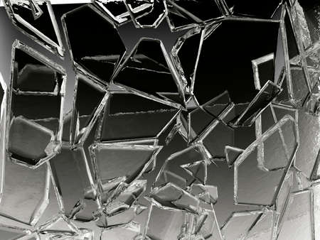 Pieces of transparent glass broken or cracked, 3d illustration; 3d renderingの写真素材