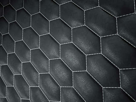 Leather stitched hexagon or honecomb black shiny texture or background with bumps. 3d render, 3d illustrationの写真素材