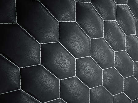 Leather stitched hexagon or honecomb black shiny texture or background with bumps. 3d render, 3d illustrationの写真素材