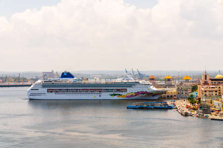 Havana city panoramic view with cruise ship and sea. Captured from Fort of Saint Charles, known as La Cabana in Havana, Cuba in may 2019のeditorial素材