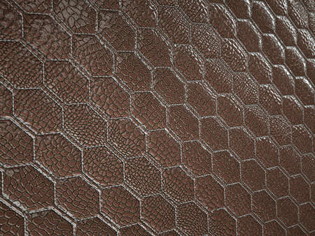 Alligator or crocodile brown Leather. hexagon or honeycomb stitched texture or background with bumps. 3d render, 3d illustrationの写真素材