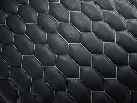 Leather stitched hexagon or honecomb black shiny texture or background with bumps. 3d render, 3d illustrationの写真素材