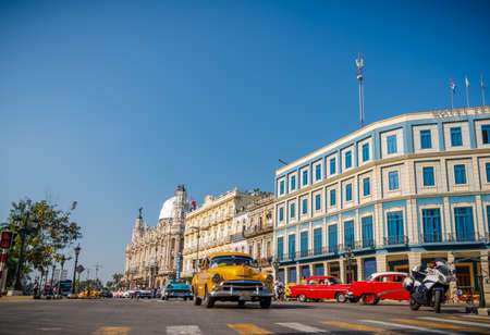 Gran Teatro de La Habana, El Capitolio and retro cars in Havana Cuba. Captured near Gran Teatro de La Habana, El Capitolio and Paseo del Prado in spring 2019のeditorial素材