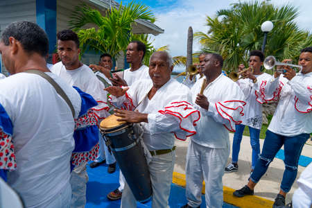 Cuban Musicians in traditional costumes perform for tourists, Santa Maria, Santa Clara, Cuba, spring 2018のeditorial素材