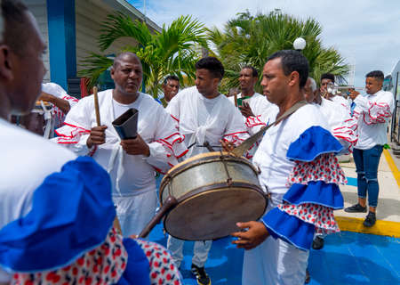Cuban Musicians in traditional costumes perform for tourists, Santa Maria, Santa Clara, Cuba, spring 2018のeditorial素材