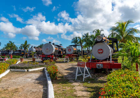 Old steam locomotives or railway trains. Captured in spring 2018, in Museum of Agroindustry Azucarera, Remedios, Caibarien, Cubaのeditorial素材