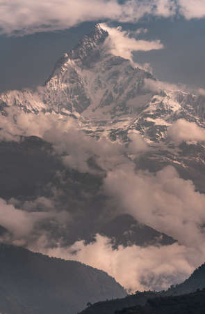 Machapuchare or Fishtail sacred summit in the Himalayas. Tourism and treking in Nepalの写真素材