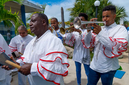 Cuban Musicians in traditional costumes perform for tourists, Santa Maria, Santa Clara, Cuba, spring 2018のeditorial素材