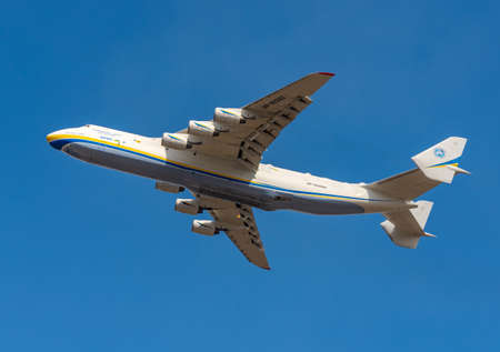 AN-225 Antonov Mriya departed from the Kyiv-Antonov-2 International Airport to perform commercial missions to fight the coronavirus. AN-225 is the world's largest transport aircraft. April 11, 2020のeditorial素材
