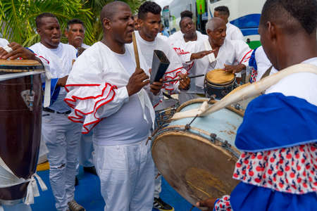 Cuban Musicians in traditional costumes perform for tourists, Santa Maria, Santa Clara, Cuba, spring 2018のeditorial素材