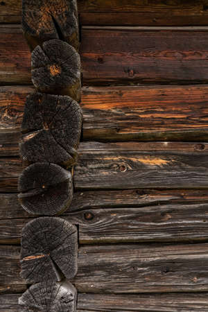 Wooden log cabin or felling  Rustic texture or background. Aged wood wall and boardsの写真素材