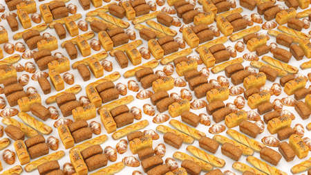 Bread bun roll croissant set or collection. Baked food and bakety 3d render, 3d illustration
