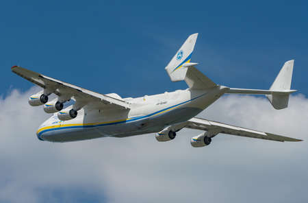 AN-225 Antonov Mriya departed from the Kyiv-Antonov-2 International Airport to perform commercial cargo shipping flight. AN-225 is the world's largest transport aircraft. June 2021のeditorial素材