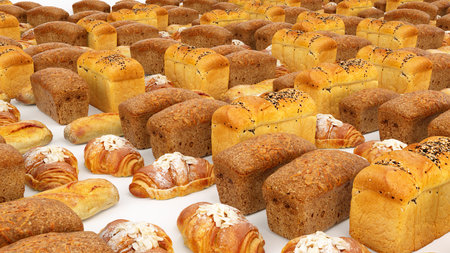 Bread bun roll croissant set or collection. Baked food and bakety 3d render, 3d illustrationの写真素材