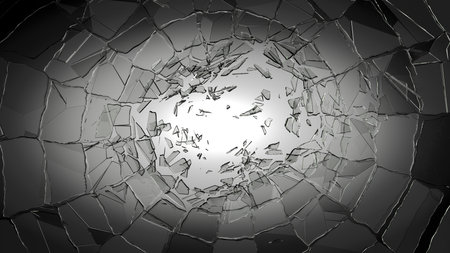 Pieces of glass broken or cracked on spot light vignette background, 3d illustration; 3d renderingの写真素材