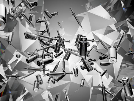 Syringes and medicine vials flow and scatter over kaleidoscope abstraction background. Covid 19 and coronavirus. 3d render, 3d illustrationの写真素材