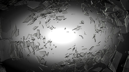 Pieces of glass broken or cracked on spot light vignette background, 3d illustration; 3d renderingの写真素材