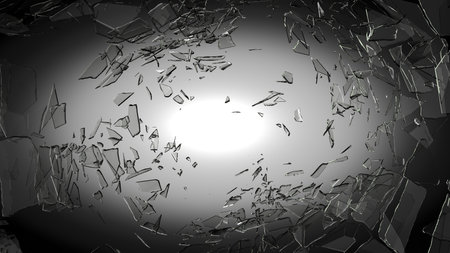 Pieces of glass broken or cracked on spot light vignette background, 3d illustration; 3d renderingの素材 [FY310183661487]