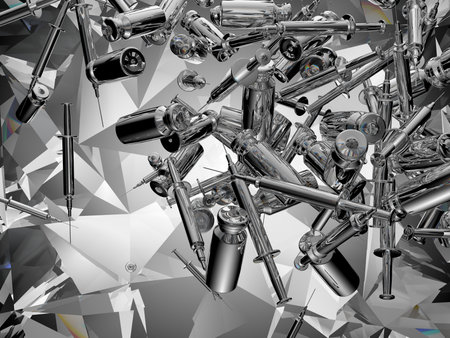 Syringes and medicine vials flow and scatter over kaleidoscope abstraction background. Covid 19 and coronavirus. 3d render, 3d illustrationの写真素材