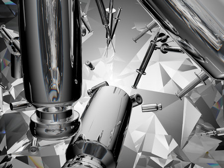 Syringes and medicine vials flow and scatter over kaleidoscope abstraction background. Covid 19 and coronavirus. 3d render, 3d illustrationの写真素材