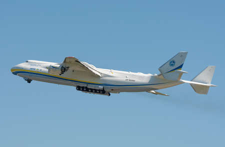AN-225 Antonov Mriya departed from the Kyiv-Antonov-2 International Airport to perform commercial cargo shipping flight. AN-225 is the world's largest transport aircraft. August 2021のeditorial素材