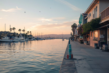 Serene waterfront view at sunset with boats and palm trees lining the calm bay.の素材