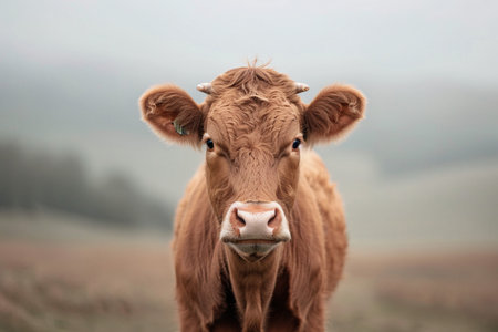 A curious brown cow gazes directly at the camera amidst a foggy countryside backdrop.の素材