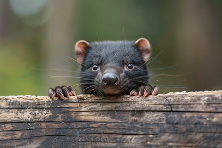 A curious Tasmanian devil peeking over a wooden log in a vibrant natural setting.の素材