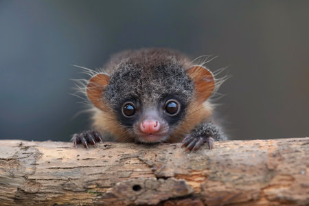 An adorable young kinkajou with bright eyes peering curiously from a wooden branch.の素材