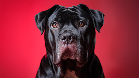 A majestic black dog with piercing eyes standing against a vibrant red background.の素材