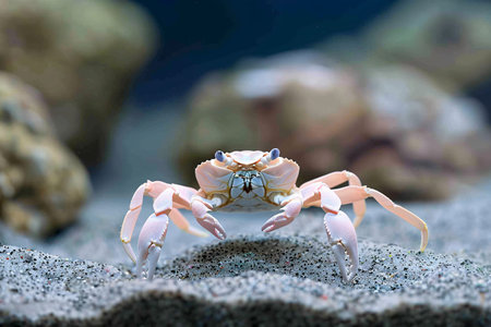 A close-up of a pink crab on sandy ocean floor, showcasing its delicate features and intricate colors.の素材