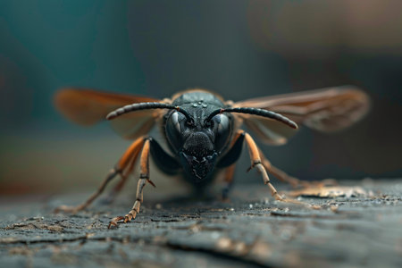 Close-up of a black insect with orange wings, showcasing intricate details and textures against a blurred background.の素材