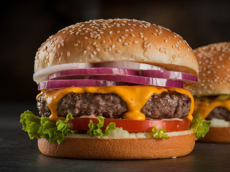 Juicy cheeseburger stacked with fresh ingredients, featuring onion, tomato, and lettuce.の素材