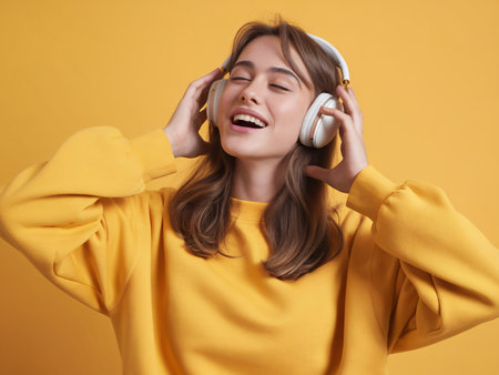 Joyful young woman with light brown hair enjoying music while wearing white headphones against a vibrant yellow background.の素材