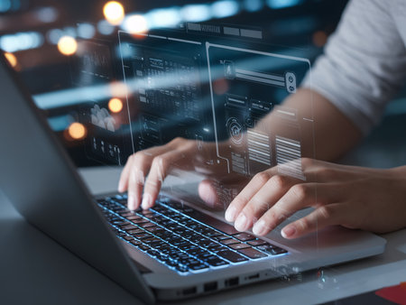 A hands-on male working on a laptop with digital data displayed, showcasing a modern tech environment.の素材