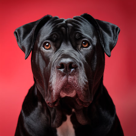 A majestic black dog with soulful brown eyes against a striking red background.の素材